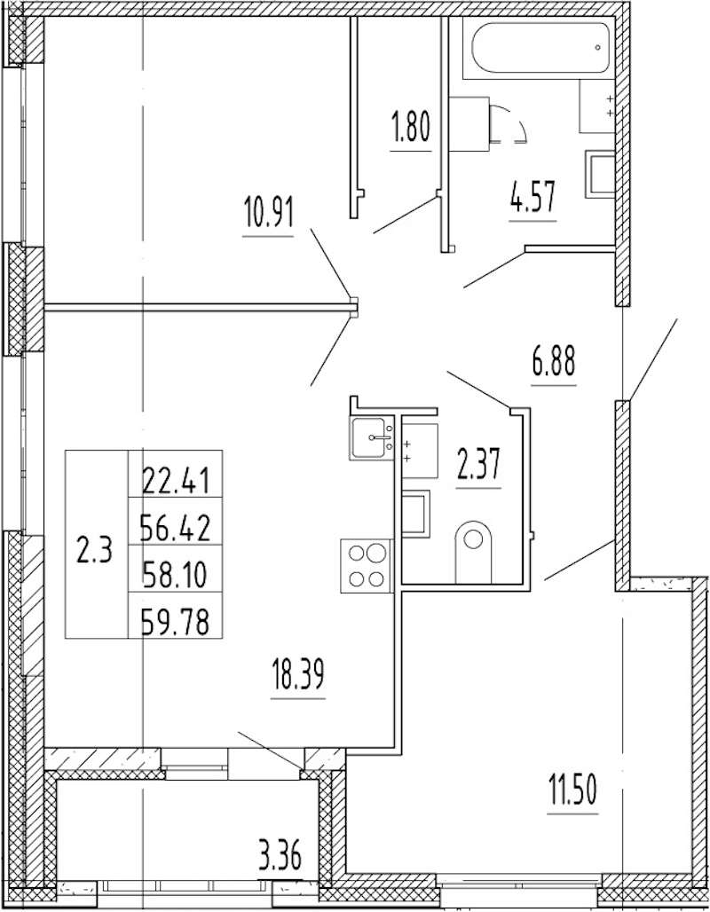 2-комнатная квартира 56.42 м², 1/13 эт., ЖК «Полис Приморский 2»